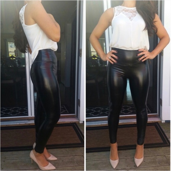 Faux Leather High Waist Leggings Tummy Control Lined - Picture 6 of 6